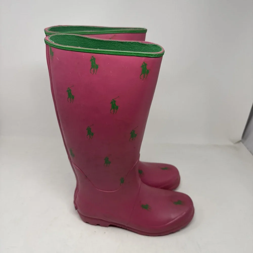 Polo Ralph Lauren Women's Pink Rain Boots Size 5 Green Pony